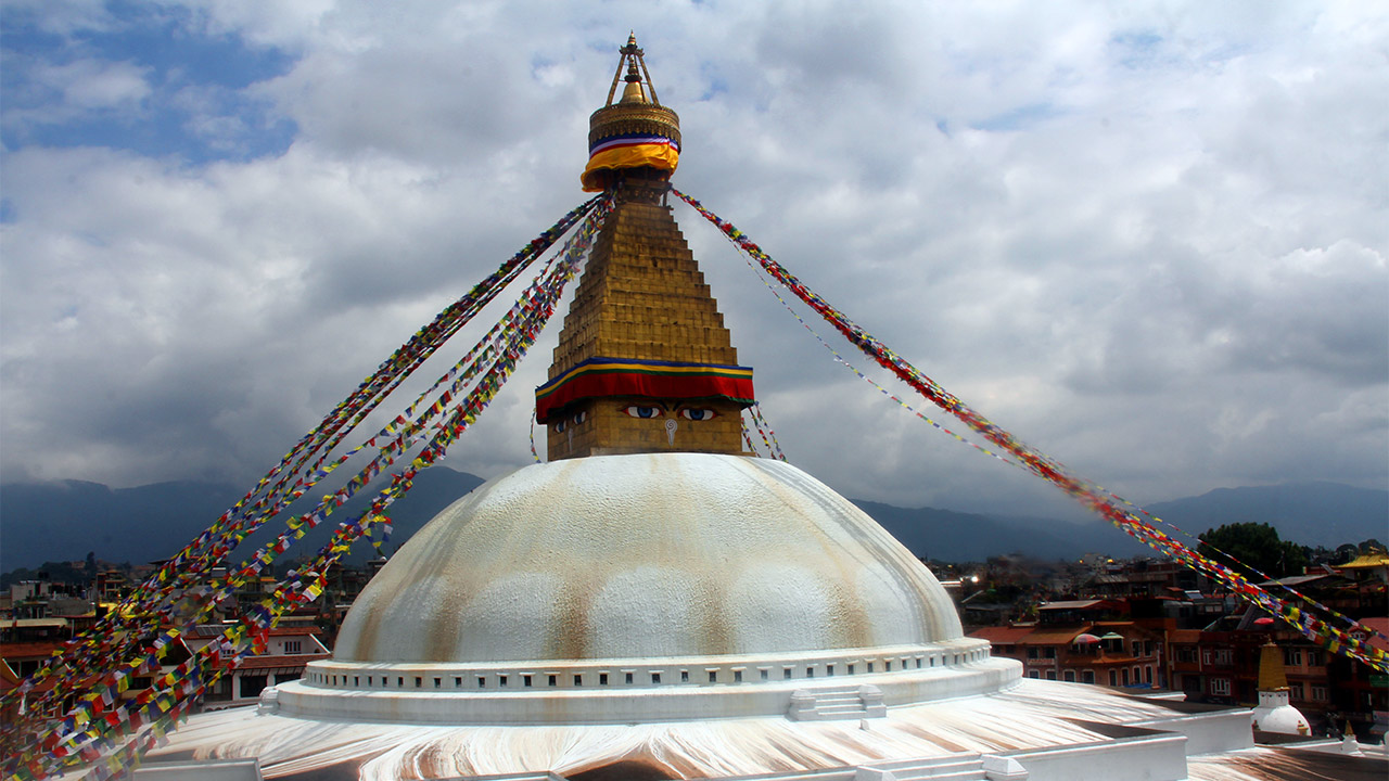 Boudhanath Stupa of kathmmandu decorated with colorful prayer flags