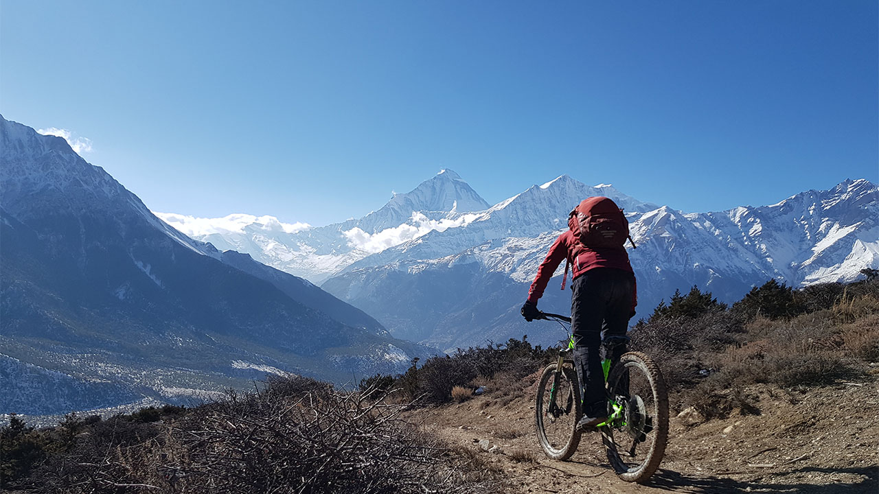 A mountain biker on green dual suspension mountain bike is enjoying his ride with the views of Dhaulagiri and Tukucche mmountain range 