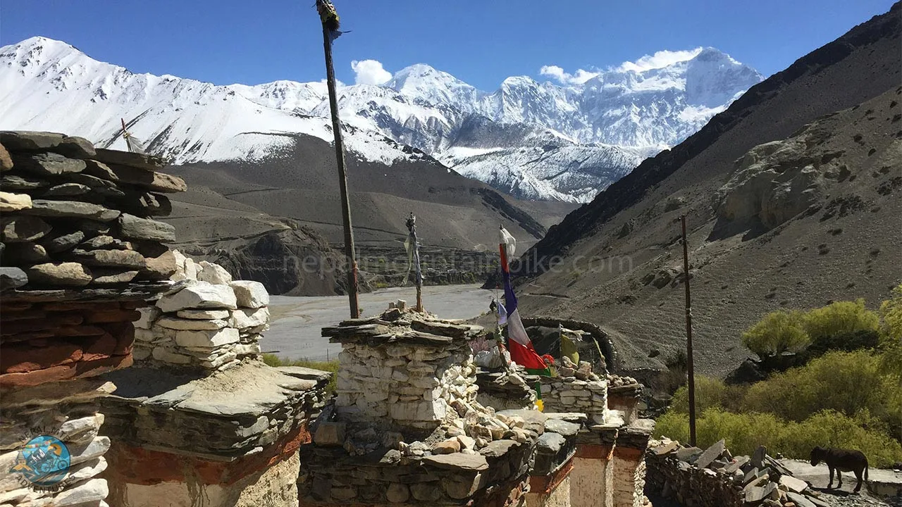 Nilgiri and Tilicho mountain peaks captured during the mountain bike tour in the Himalayas of Nepal.