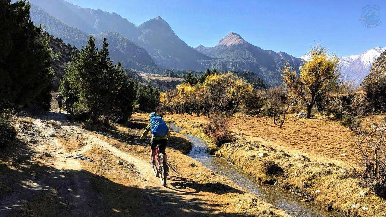 Mountain biker rides along the stream with the incredible view during the Annapurna Himalayan bikepacking tour.