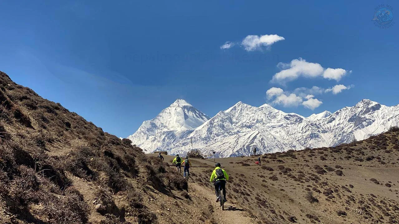 Mountain bikers riding their bikes in Mustang's Lupra trail with the view of Dhaulagiri during the Round Annapurna Himalayan MTB expedition.