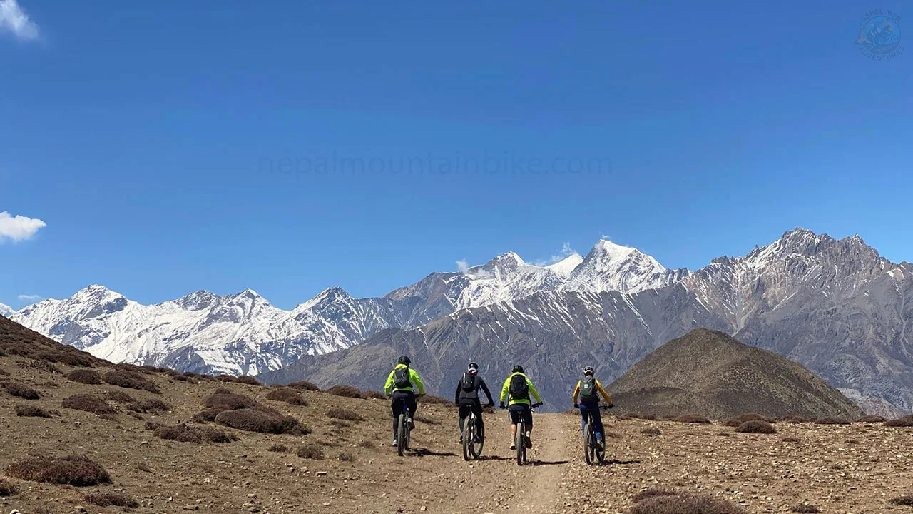 A group of mountain bikers cherishing the ride through Lupra single trail in Mustang with the view of the Himalayas during Nepal guided mountain bike tour.