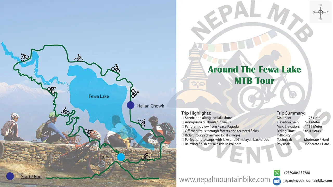 Around the Fewa Lake mountain biking trail map via Stupa with trip summary, highlights and elevation.