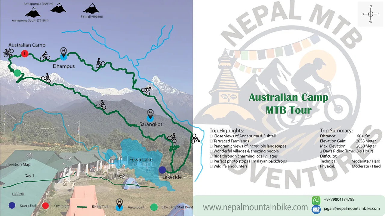 Australian Camp mountain bike tour map with trip highlights and Tour summary.