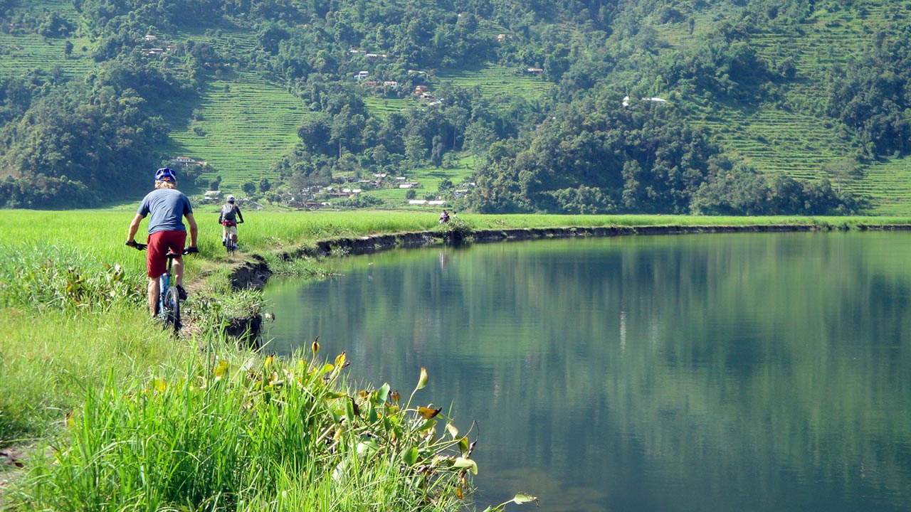 Group of mountain bikers are riding on the side of paddy fields during easy Sweet Pame Valley Mountain bike tour in Pokhara, Nepal.