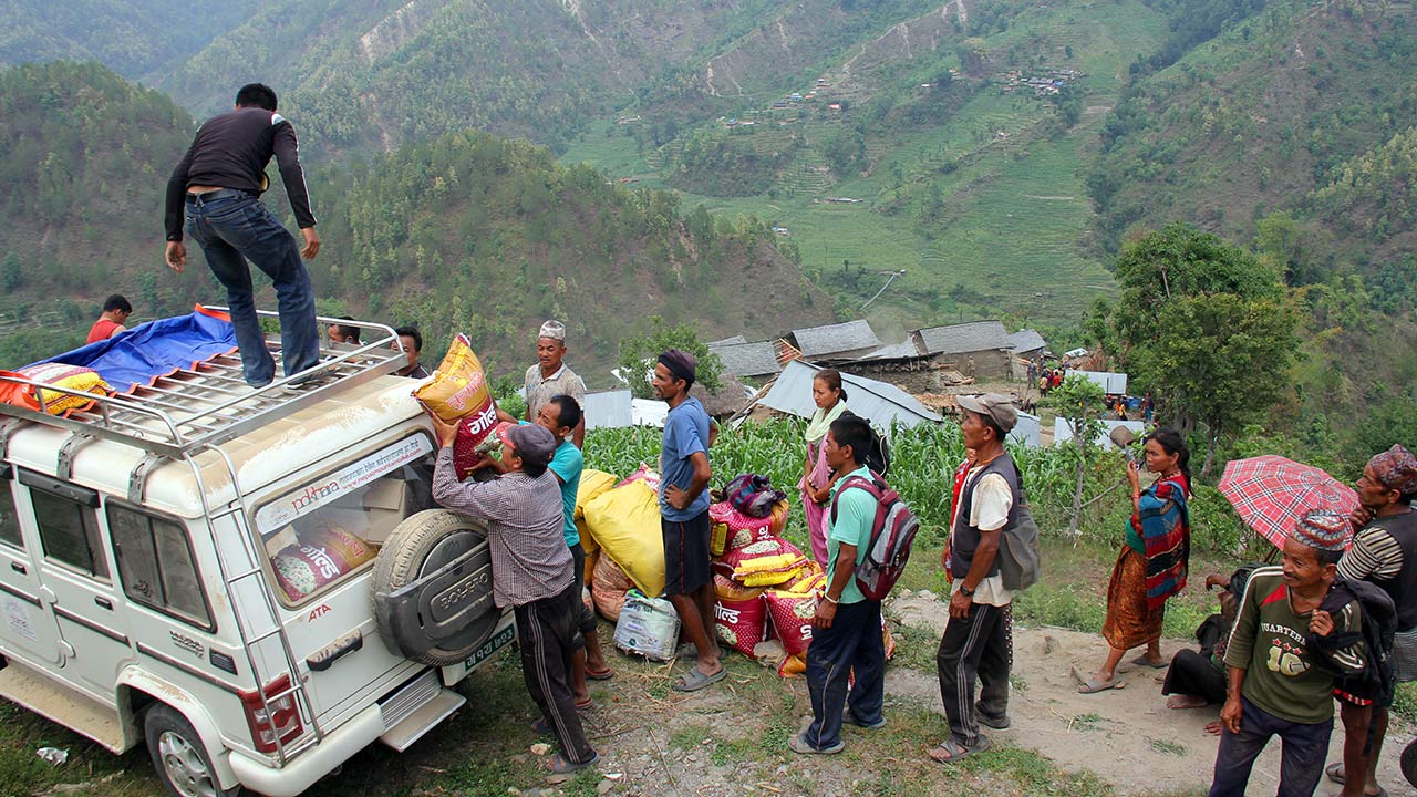 People are receiving relief supplies during the earthquake 2012 in Nepal.